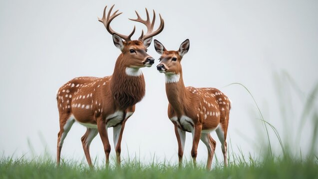 White background featuring a sika deer in green grass setting