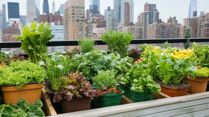 Healthy herbs and seasonal vegetables growing together in a rooftop community garden with the city skyline beyond