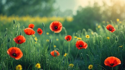 Fototapeta premium Red poppy in a lush green meadow surrounded by yellow wildflowers during summer