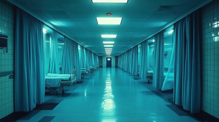 Empty hospital corridor with rows of unoccupied beds, creating a sterile and unsettling atmosphere