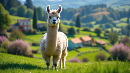 Fototapeta premium White-furred llama resting on lush mountain meadow during summer in Italy