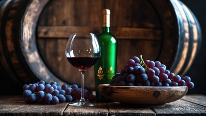 Obraz premium Still life featuring a red wine glass on a wooden table background