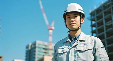 建設現場を背景にヘルメットと作業服を着た若い日本人作業員が青空の下で未来を見据える真剣な表情の建築現場イメージ - 生成AI