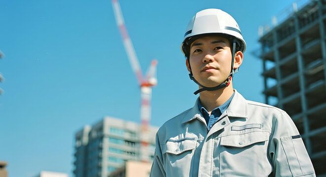 建設現場を背景にヘルメットと作業服を着た若い日本人作業員が青空の下で未来を見据える真剣な表情の建築現場イメージ - 生成AI