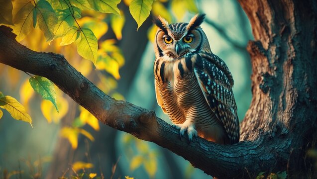 Close-up of a great horned owl against a vibrant fall colour background