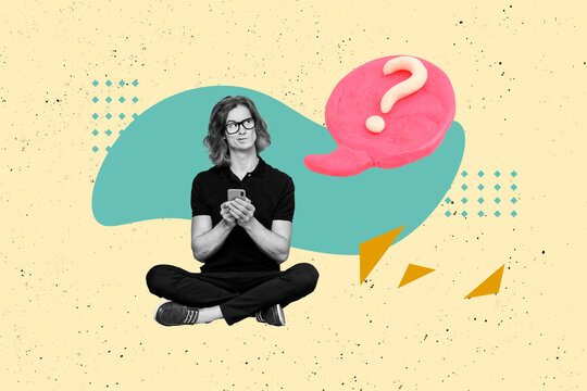 Trend artwork composite banner 3D photo collage of young man sit hold smartphone online communication texting speech sms chatting question