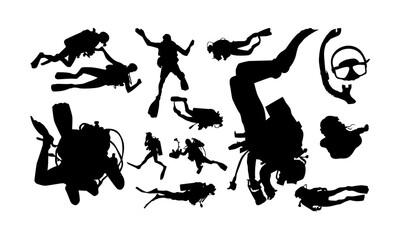 Diverse silhouettes of scuba divers and diving equipment.