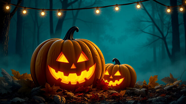Spooky halloween jack o lanterns forest night