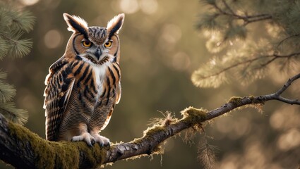 Obraz premium Great Horned Owl perched on branch in Michigan woods, staring into the camera.