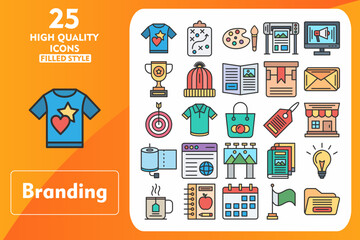 Branding Line Filled Icon Set. Incleded Icons T Shirt, Strategy, Color Palette, Plotter, Advertise, Trophy, Beanie, Magazine, Box, Envelope. Vector Icons Collection