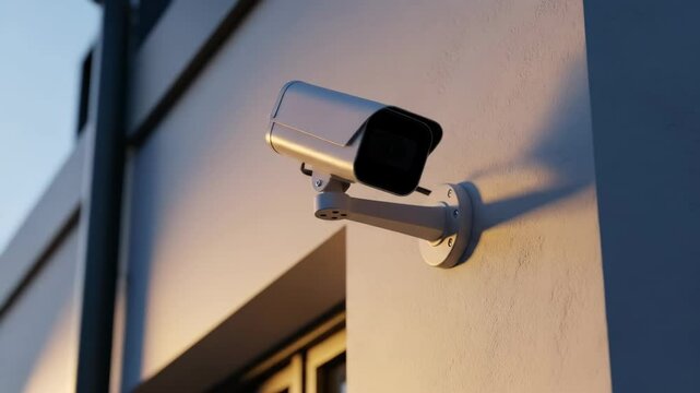Modern security camera is mounted on an exterior wall, capturing surveillance footage during sunset, highlighting the sleek design and functionality of contemporary security systems