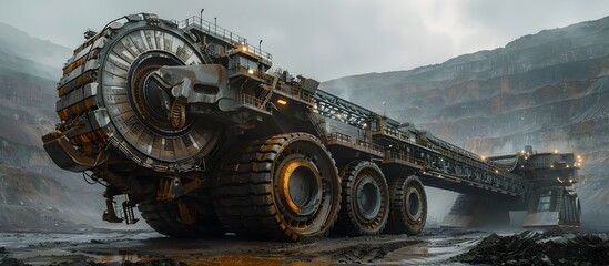 Massive Dragline Excavator Dominates the Landscape of an Open Pit Coal Mine Showcasing Industrial Power and Engineering Prowess
