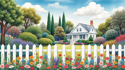 Charming white house idyllic garden fence flowers
