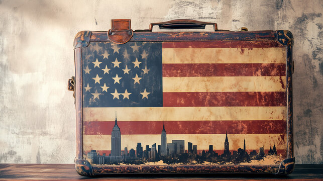 Vintage suitcases with the American and Thailand flags evoke a sense of global travel and national pride