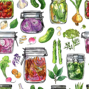 Pattern Jars with fermented vegetables. Tomatoes and cucumbers in a glass jar. Watercolor illustration of food on a white background. Color and ink