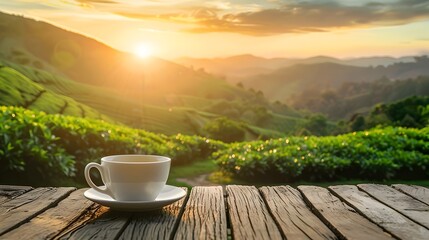 Serene Tea Plantation Landscape at Sunset with Wooden Table and Cup