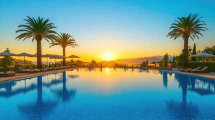 Obraz premium Idyllic holiday setting with palm tree-lined pool, stylish umbrellas, and luxury resort furniture at sunrise