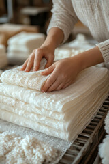 In a bustling factory, a diligent worker inspects soft cotton fabric, carefully running fingers over its surface. The focused attention highlights craftsmanship and quality assurance