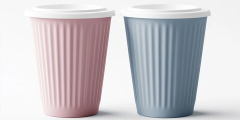 Trendy Pink and Blue Pastel Coffee Cups with Patterns on White Background for Beverage Enjoyment