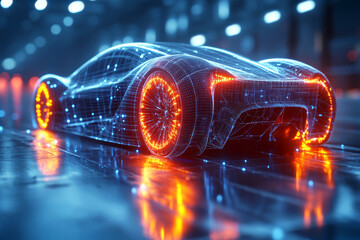 A low-poly electric car designed with a stunning wireframe aesthetic showcases glowing highlights as it glides through a vibrant, neon-lit cityscape at twilight