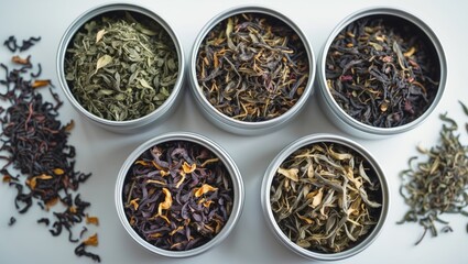 Fototapeta premium Set of dried tea leaves including Earl Grey, Jasmine, Green, and peppermint on white background; top view