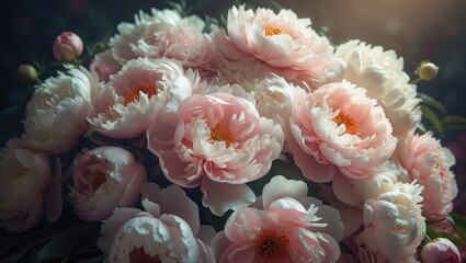 Vintage bouquet of elegant pale peonies against dark background, floral design for wallpaper or greeting card