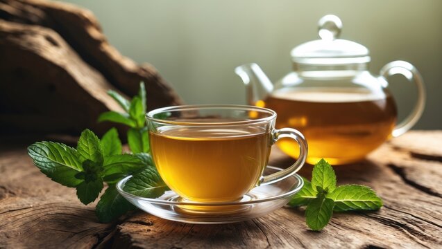 Fresh green mint tea served in a glass cup on rustic wooden surface, with a blurred background and shallow focus