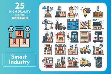 Fototapeta premium Smart industry Line Filled Icon Set. Incleded Icons Windmill, Warehouse, Tanker, Oil Refinery, Blueprint, Factory, Smart Home, Logistics. Vector Icons Collection