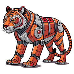 A fierce robotic tiger, its internal wiring exposed, with vibrant glowing eyes, set against a dark, futuristic backdrop.