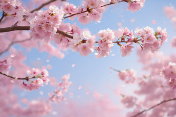 Obraz premium Japanese cherry sakura blossom tree garden pink flowers move wind. AI Generative
