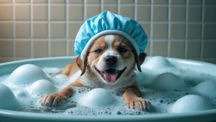Cute Mastiff puppy with shower cap having a fun foam bath at home, viewed from above