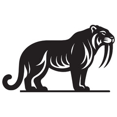Obraz premium Massive Saber-Toothed Tiger silhouette with dominant look – Saber-Toothed Tiger illustration – Minimalist Saber-Toothed Tiger vector – Stone Age silhouette