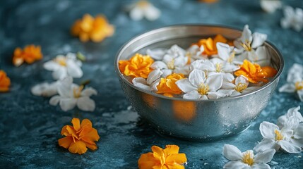 Jasmine and rose petals floating in silver bowl water, surrounded by marigold, traditional Thai festive element for Songkran