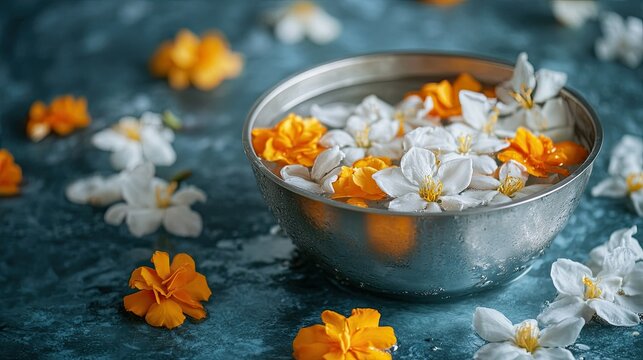 Jasmine and rose petals floating in silver bowl water, surrounded by marigold, traditional Thai festive element for Songkran
