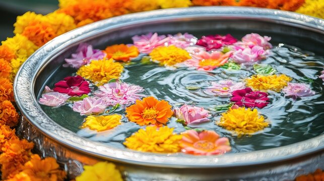 Jasmine and rose petals floating in silver bowl water, surrounded by marigold, traditional Thai festive element for Songkran