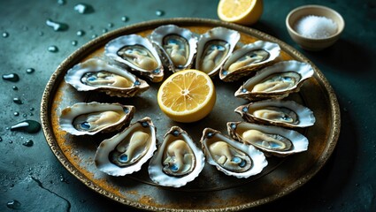 Overhead shot of raw oysters on a vintage plate with lemon and oyster knife, set on a dark rustic surface with water droplets