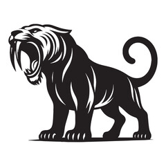 Saber-Toothed Tiger silhouette with long curved canines – Saber-Toothed Tiger illustration – Minimalist Saber-Toothed Tiger vector – Stone Age silhouette

