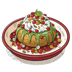 A vibrant close-up shot of Aloo Tikki Chaat, featuring crispy potato patties, tangy chutneys, creamy yogurt, and sev.  Show the texture and colors vividly.