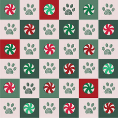 Plaid green, red and white and paws and candies pattern.eps