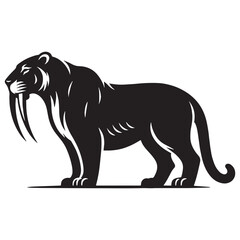 Primeval Smilodon silhouette with elongated fangs – Smilodon illustration – Minimalist Smilodon vector – Stone Age silhouette

