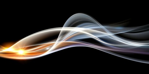 Abstract light trails and flowing waves on a black background