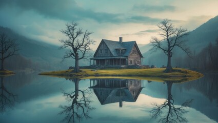 Fototapeta premium A cozy wooden lodge in the mountains provides an expansive retreat surrounded by breathtaking landscape and serene wilderness.