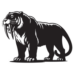 Powerful Saber-Toothed Tiger silhouette in attack stance – Saber-Toothed Tiger illustration – Minimalist Saber-Toothed Tiger vector – Stone Age silhouette

