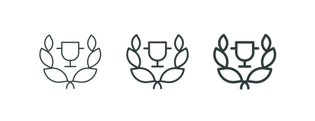 Laurel wreath winner, award, outline icons. Line signs circular foliate wreath of two laurel branches with leaves and cup. Vector isolated pictograms for web on white background editable stroke.