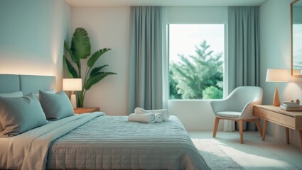 Fototapeta premium Stylish Scandinavian-inspired bedroom interior featuring elegant furniture and relaxing ambiance