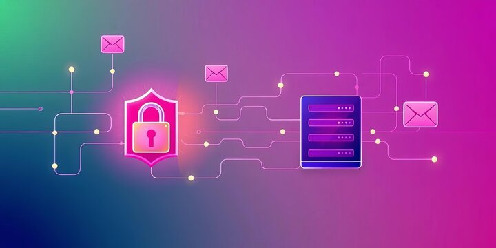 Abstract flat line art depicting secure data flow, shielded server, padlock, email, and firewall icons ,  privacy,  secure browsing