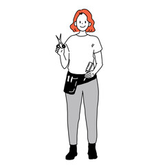 笑顔の女性美容師のイラスト（全身・ハサミ・コーム付き）