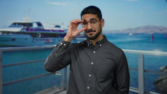 Young man smiling at seaside port with boat in background under a clear blue sky
