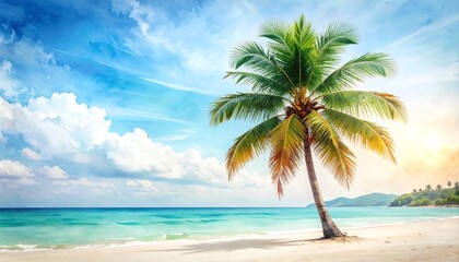 Vintage watercolor palm tree on beach background, artistic wash, tropical holiday theme, pastel tones