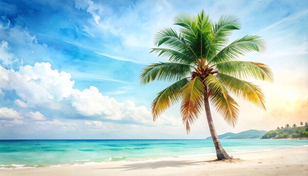 Vintage watercolor palm tree on beach background, artistic wash, tropical holiday theme, pastel tones
